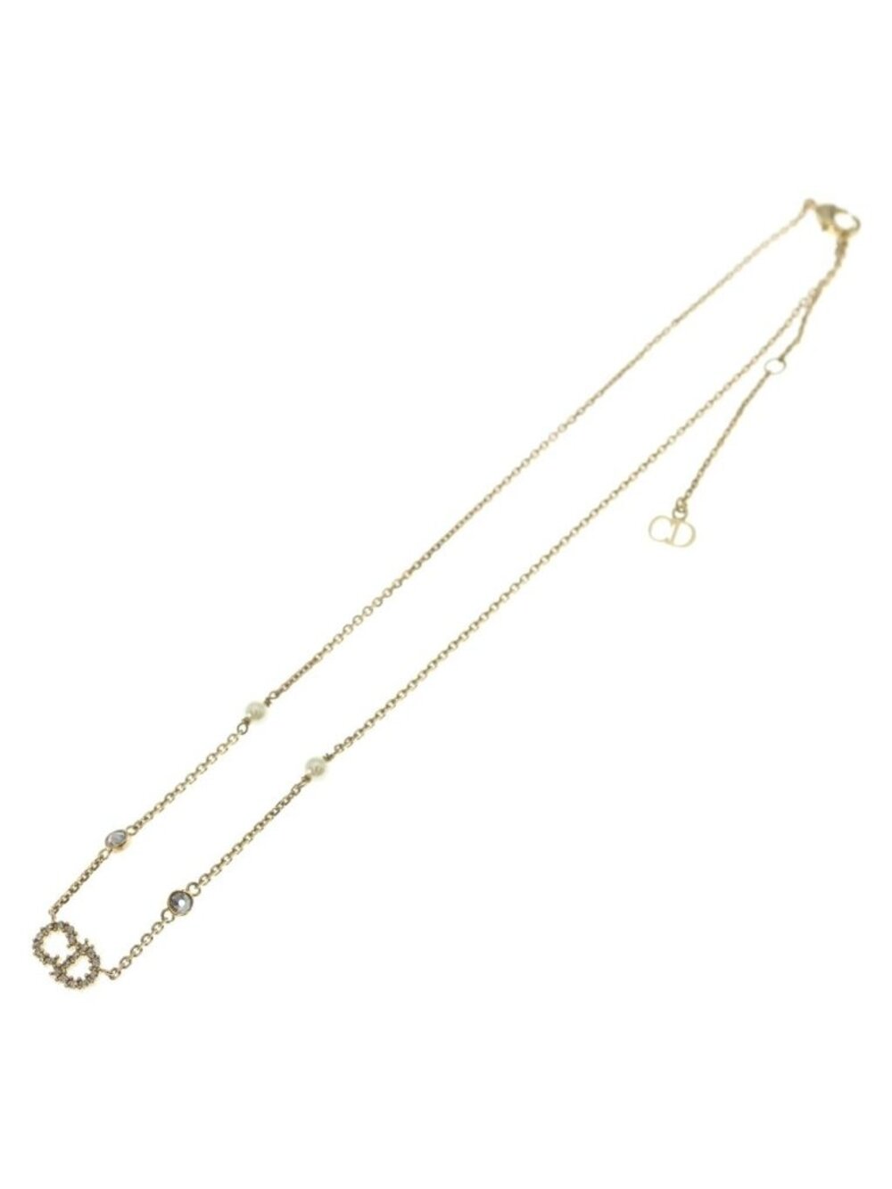 Dior CD Logo Line Stone Pearl Necklace Pendant Chain Gold - Picture 2 of 6